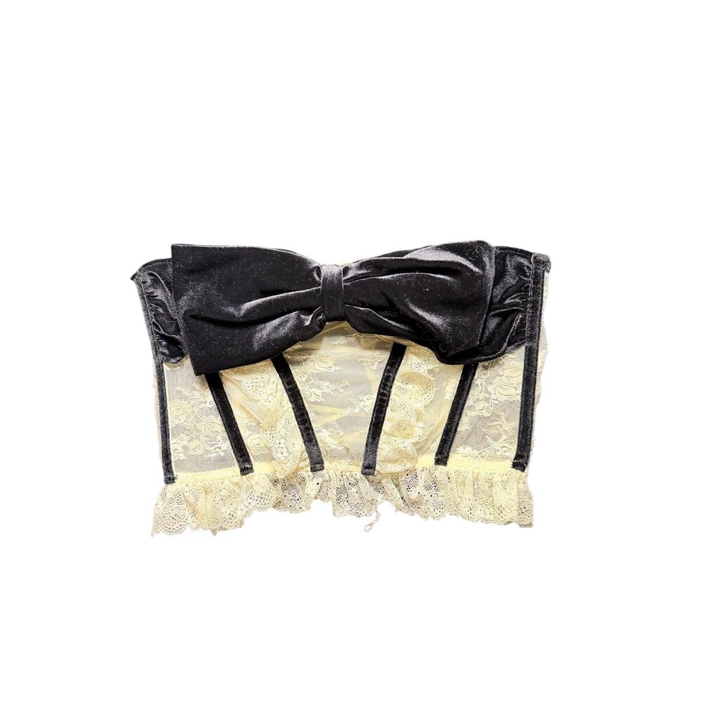 out from under cream lace black velvet corset bow lingerie coquette medium